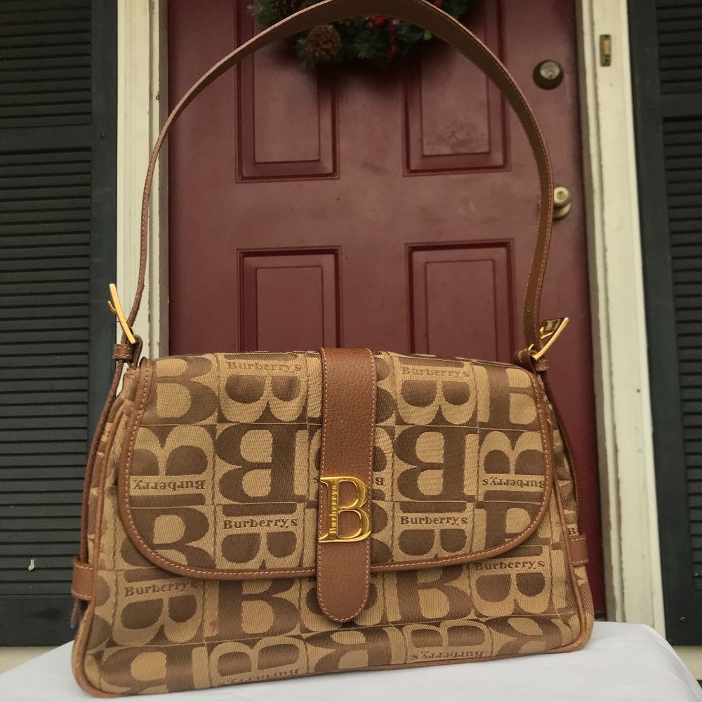 Authentic Vintage Burberry's Canvas Logo Shoulder Bag/ Burberry Leather Bag
